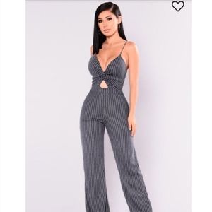 Fashioned Nova Striped Navy Jumpsuit